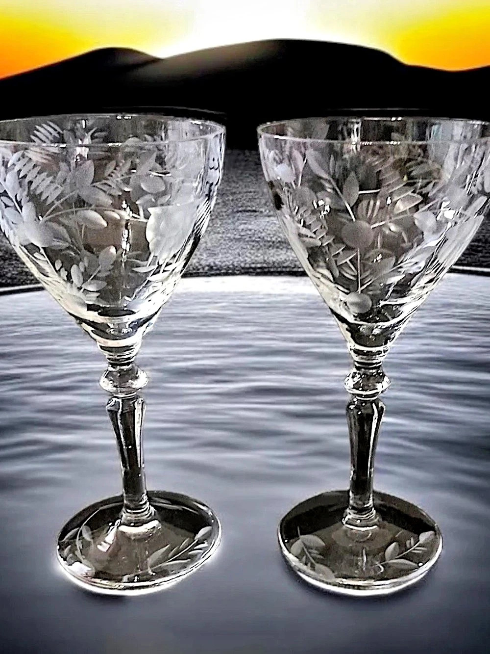 Etched Clear Crystal Goblets Set of 2
